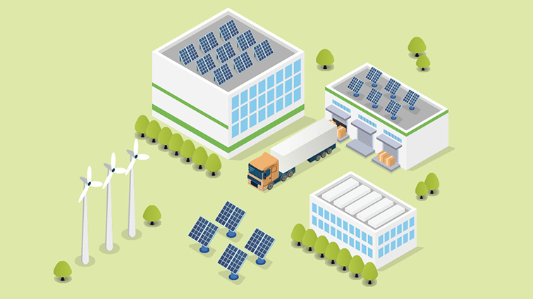 An illustration of a warehouse with solar panels on the roof and windmills