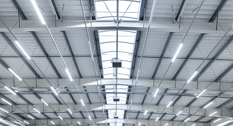 Lights on a ceiling of a warehouse