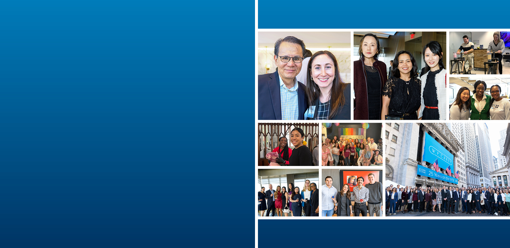 A collage featuring 9 photos of W. P. Carey employees at company events, with a navy fade block on the left-hand side of the graphic.
