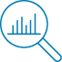 Blue icon of a magnifying glass with a bar chart within it