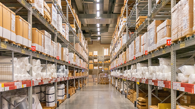 Interior of a warehouse with stocked shelves