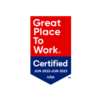 Red Square and hanging royal blue triangle Logo with White Text that reads Great Place To Work certified