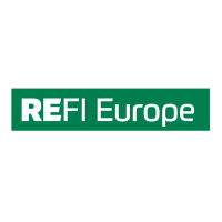 Green landscape rectangle with white sans serif font inside reading REFI Europe