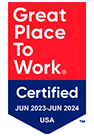 Red Square and hanging royal blue triangle Logo with White Text that reads Great Place To Work certified