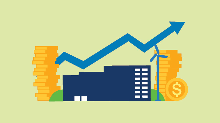 Illustration of growth chart with a commercial real estate property and money in forefront