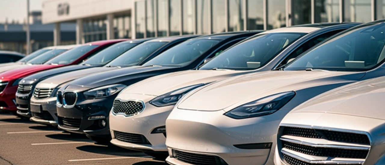A row of new cars in front of a glass-fronted building