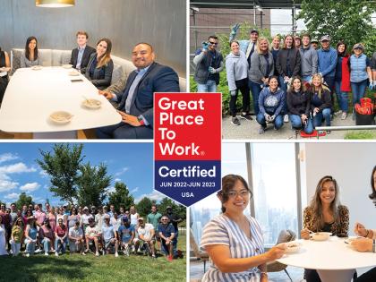 (top left) 6 WP Carey employees sitting around a table, (top right) a group of WP Carey employees on a community service day, (bottom right) 3 WP Carey employees standing around a table, (bottom left) a group of WP Carey employees at a sports outing