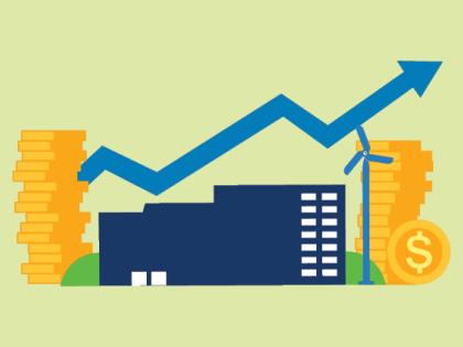 An illustration of two stacks of gold coins on the left and right of a blue industrial building. A blue arrow indicating grow is above the building.