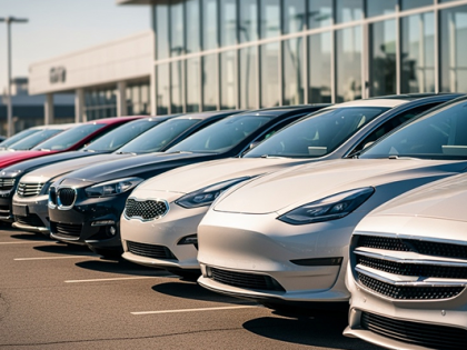 A row of new cars in front of a glass-fronted building