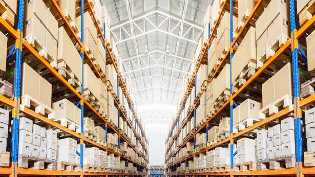 Photo of warehouse with boxes on shelves