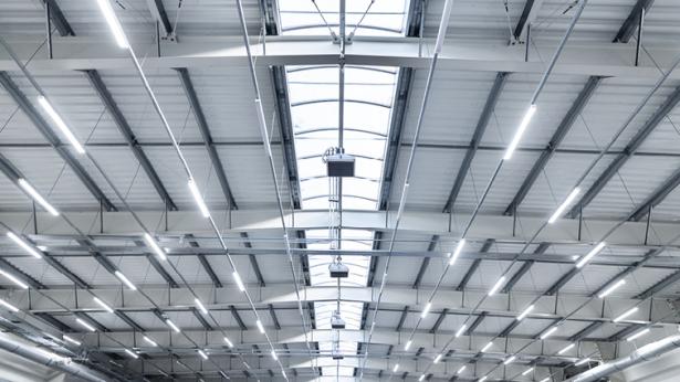 Photo of warehouse ceiling with LED lights