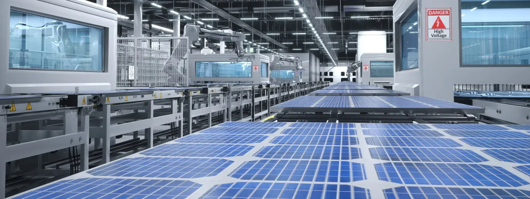 The interior of a solar module manufacturing facility