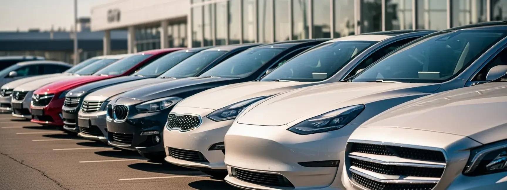 Stock photo of a line of new cars outside a building