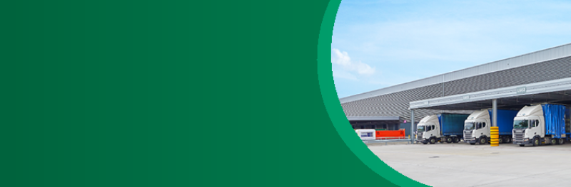 Banner image for the Corporate Responsibility Report, featuring a green left side and a photo of trucks in dock doors